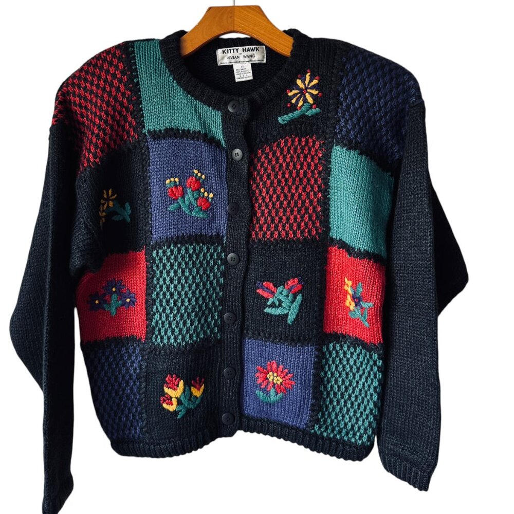 Vintage 80's Kitty Hawk By Vivian Wang Cardigan Patchwork Cottagecore Grannycore
